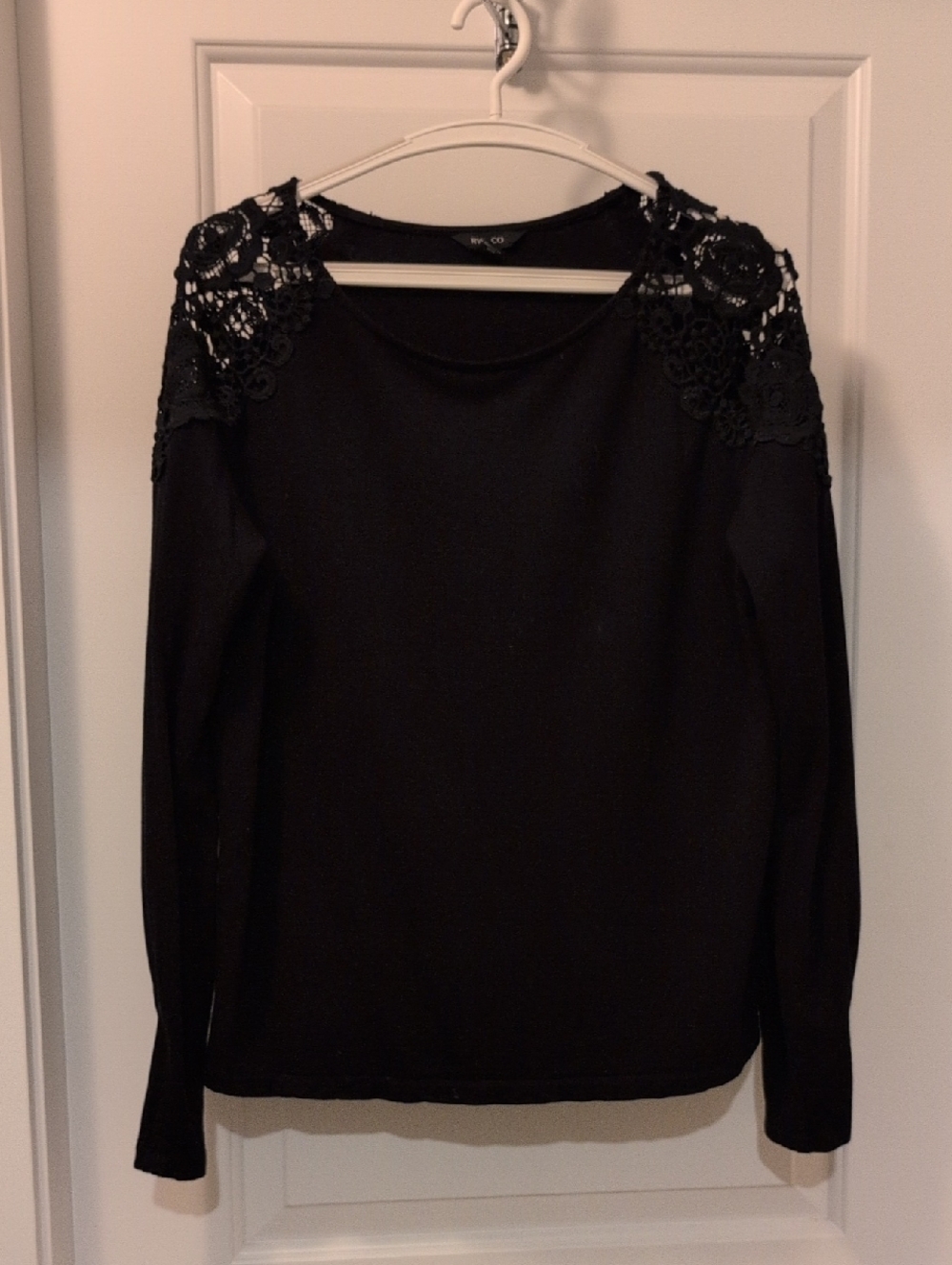 RW & Co Black Long Sleeve Cotton Top with Lace Shoulder Detail